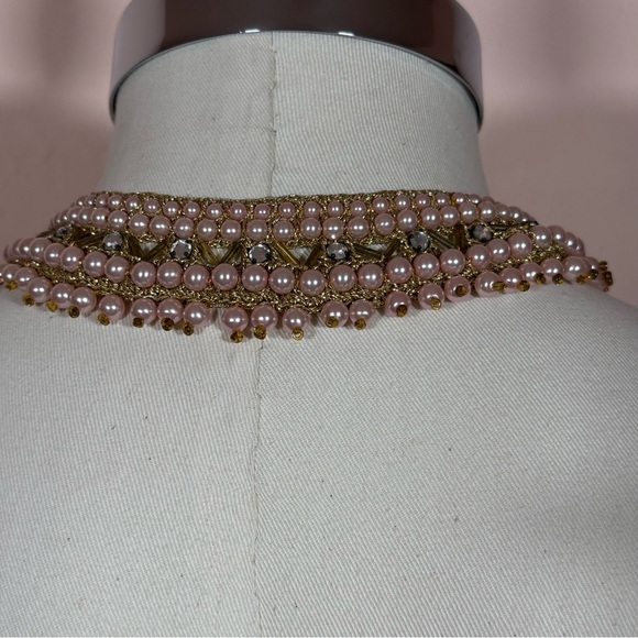Vintage 1940’s Art deco Pink glass pearl Gold crochet Peter Pan collar with ties - Picture 7 of 17